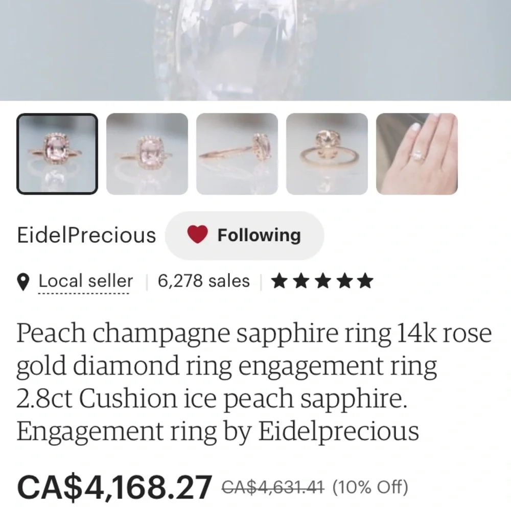 14k rose gold, diamond and emerald cut peach sapphire engagement ring - Picture 14 of 16